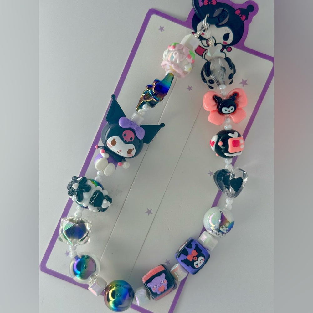 Handmade handprinted beads kuromi phone chain, keychain, or bag charm